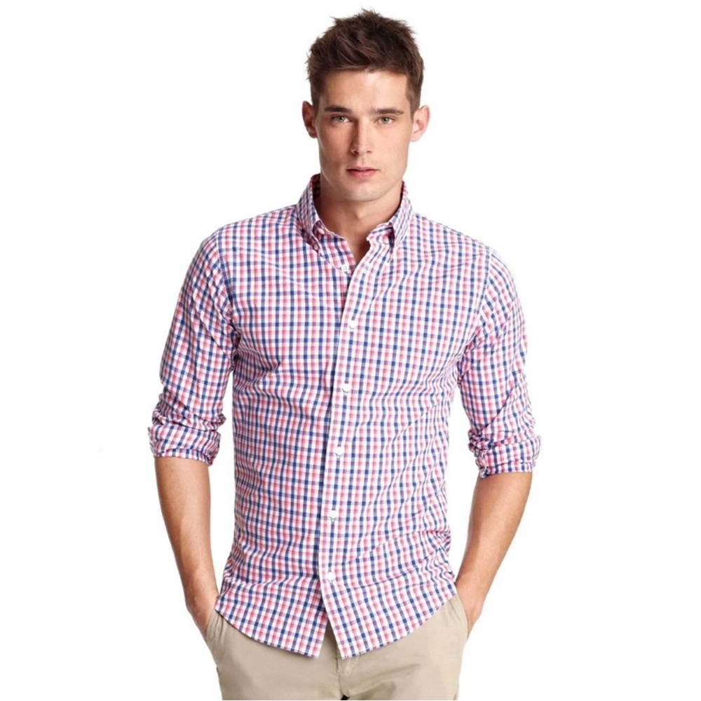 NEW Jack Spade Men’s Red/Blue Gingham Poplin Long-Sleeve Button Up Shirt Large